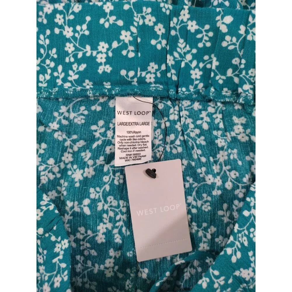 West Loop Womens Teal Floral Print Short Shorts Size L/XL Drawstring Waist NWT